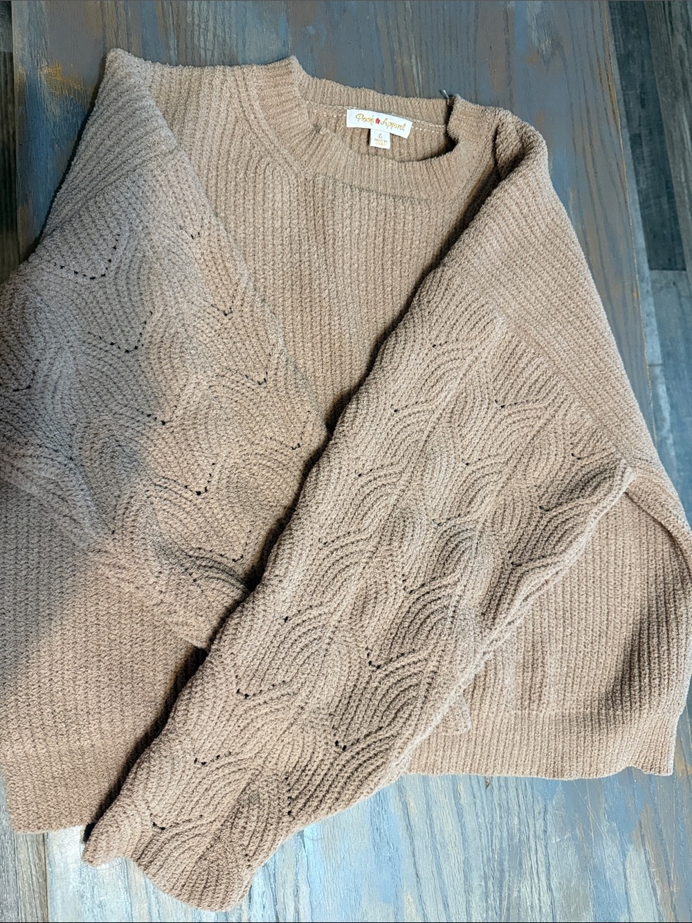Relaxed Taupe Crewneck Sweater with Textured Sleeve Detail
